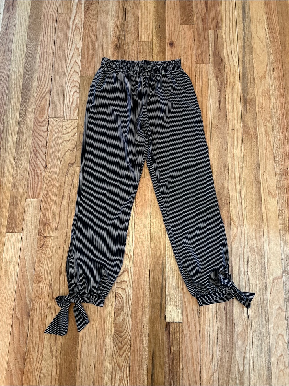 Striped Black Tie-Hem Ankle Pants